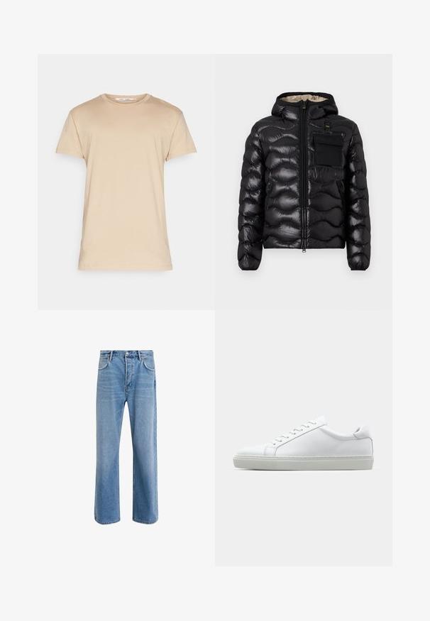 Juodas pūkinis švarkas su kapišonu, su siuvinėtu dizainu, priekiniais užtrauktukais ir krūtine kišenė. Pagamintas iš blizgios, tekstūruotos medžiagos su elastiniais rankogaliais.; Bežinė medvilninė marškinė su klasikiniais apvaliais iškirpimais ir trumpomis rankovėmis. Pasižymi lygaus paviršiaus tekstūra ir be matomų raštų ar akcentų.; Šviesiai mėlyni džinsai su tiesiu kirpimu, penkios kišenės, mygtuko užsegimas, minimalus blukimas ir kontrastingi siuvimo detalės.; Baltas sportinis batelis su lygiu odiniu paviršiumi ir žemu profiliu. Turi suapvalintą pirštą, šešis akių skyrius ir tekstūruotą gumos padą.