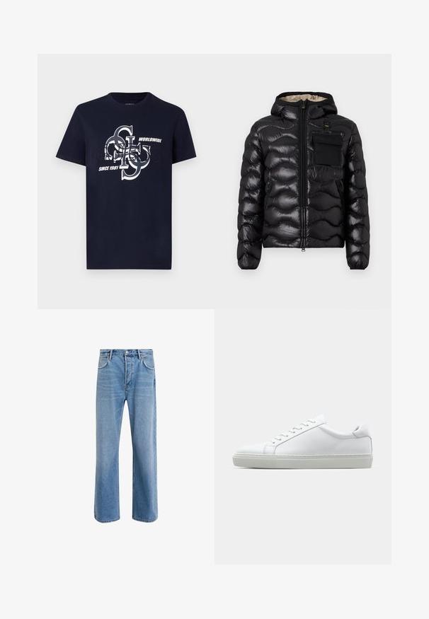 Sort puffjakke med hætte, quilted design, lynlås foran og en brystlomme. Har skinnende, struktureret stof med elastiske manchetter.; Mørkeblå bomulds t-shirt med korte ærmer, der har et grafisk logodesign i hvid. Teksten inkluderer "Guess," "Worldwide," og "Since 1981."; Lyseblå denim jeans med lige ben-design, fem lommer, knaplukning, minimal falming og kontraststingdetaljer.; Hvide sneakers med en glat læderoverdel og lav profil. Har en rund tå, seks snørehuller og en tekstureret gummisål.