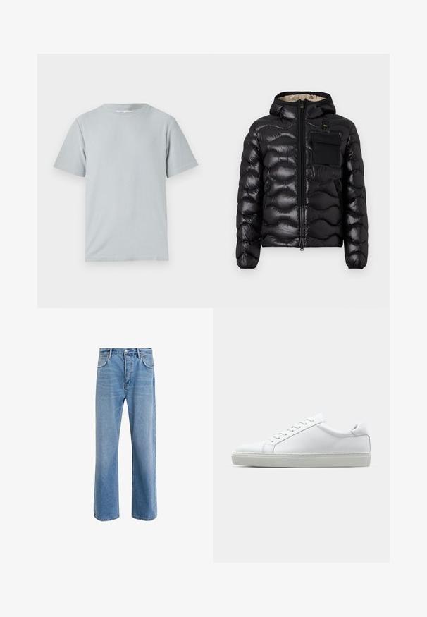 Čierna nadýchaná bunda s kapucňou, prešitou konštrukciou, predným zipsom a vreckom na hrudi. Vlastnosti zahŕňajú lesklú, textúrovanú látku s elastickými manžetami.; Svetlo šedé tričko s krátkym rukávom vyrobené z mäkkej, hladkej tkaniny s okrúhlym výstrihom a voľným strihom, bez viditeľných vzorov alebo kovových prvkov.; Svetlo modré denimové džínsy so strihom rovného nohu, päť vreciek, zapínanie na gombík, minimálne vyblednutie a kontrastné švy.; Biele tenisky s hladkým koženým zvrškom a nízkym profilom. Majú zaoblenú špičku, šesť očiek a štruktúrovanú gumovú podrážku.
