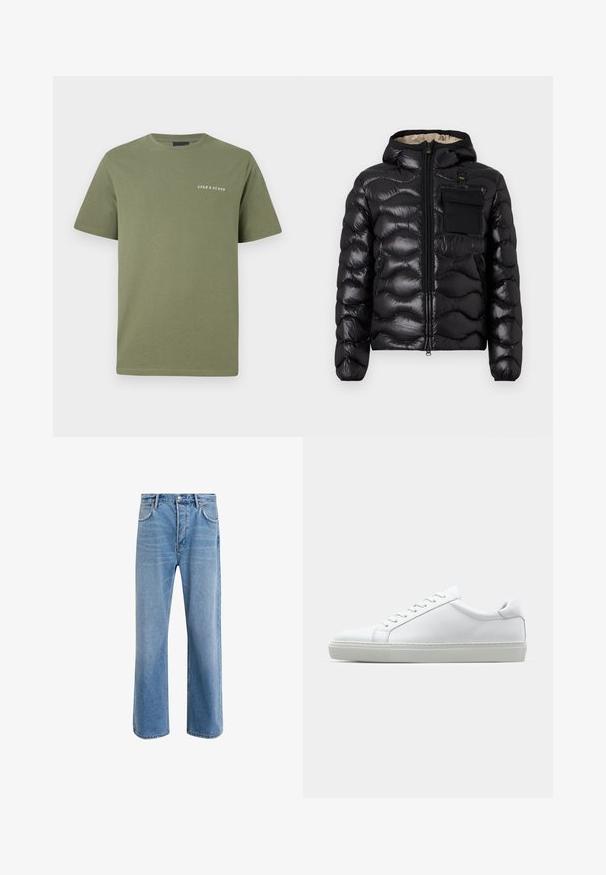 Jachetă puf si neagră cu glugă, design matlasat, fermoar în față și buzunar pe piept. Are un material lucios, texturat, cu manșete elasticizate.; Tricou din bumbac de culoare verde măsliniu, cu mâneci scurte și guler rotund. Prezintă o imprimare albă a logo-ului în zona stângă a pieptului. Textură netedă.; Jeans din denim bleu deschis cu un design drept, cinci buzunare, închidere cu buton, decolorare minimă și detalii de cusătură în contrast.; Adidași albi cu o suprafață din piele netedă și un profil jos. Au un vârf rotunjit, șase orificii pentru șireturi și o talpă din cauciuc texturată.