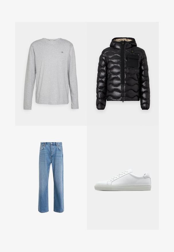 Schwarze Pufferjacke mit Kapuze, gestepptem Design, Reißverschluss vorne und einer Brusttasche. Aus glänzendem, strukturiertem Stoff mit elastischen Bündchen.; Langärmliges graues Baumwoll-T-Shirt mit Rundhalsausschnitt und kleinem gesticktem Logo auf der Brust. Weicher Stoff und lockere Passform.; Helle blaue Jeans im Geradeschnitt-Design, mit fünf Taschen, Knopfverschluss, minimaler Ausbleichung und kontrastierenden Nähdetails.; Weißer Sneaker mit glattem Lederobermaterial und niedrigem Profil. Verfügt über eine runde Zehenpartie, sechs Ösen und eine strukturierte Gummisohle.