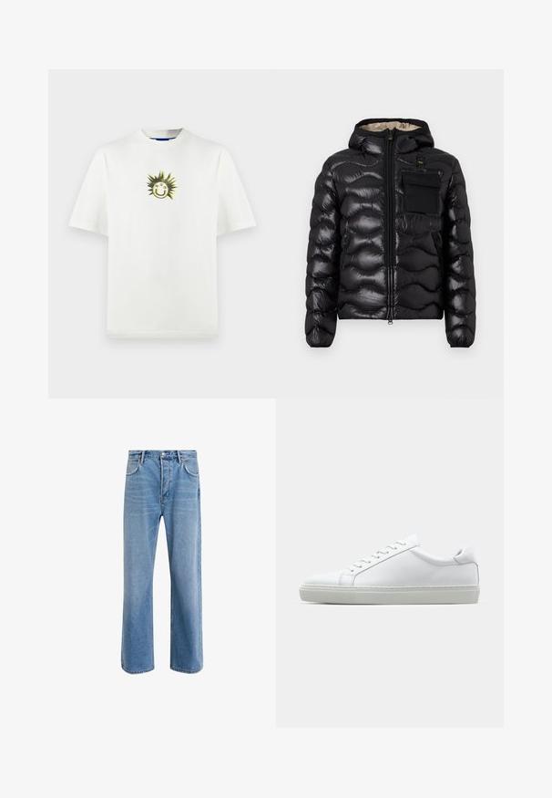 Black puffer jacket with a hood, quilted design, zipper front, and a chest pocket. Features shiny, textured fabric with elastic cuffs.; White cotton t-shirt featuring a graphic of a smiling sun with spiky rays and "HGO" text, round neck, relaxed fit, short sleeves.; Light blue denim jeans with a straight-leg design, five pockets, button closure, minimal fading, and contrasting stitching details.; White sneaker with a smooth leather upper and a low profile. Features a rounded toe, six eyelets, and a textured rubber sole.