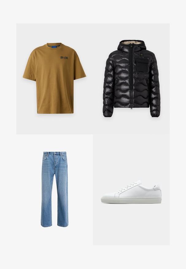 Čierna nadýchaná bunda s kapucňou, prešitou konštrukciou, predným zipsom a vreckom na hrudi. Vlastnosti zahŕňajú lesklú, textúrovanú látku s elastickými manžetami.; Hnedé bavlnené tričko s okrúhlym výstrihom, krátkymi rukávmi a malým čiernym logom na ľavej strane hrude. Hladká textúra.; Svetlo modré denimové džínsy so strihom rovného nohu, päť vreciek, zapínanie na gombík, minimálne vyblednutie a kontrastné švy.; Biele tenisky s hladkým koženým zvrškom a nízkym profilom. Majú zaoblenú špičku, šesť očiek a štruktúrovanú gumovú podrážku.