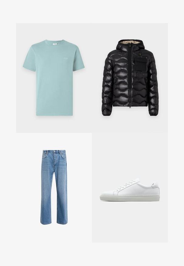 Melna pūka jaka ar kapuci, izšūti dizainu, ar rāvējslēdzēju priekšā un krūšu kabatu. Iezīmējas ar spīdīgu, teksturētu audumu un elastīgām piedurknēm.; Gaiši zils kokvilnas T-krekls ar apaļu kakla izgriezumu un īsām piedurknēm. Uz krūšu daļas ir neliels zīmola logo, kas izdrukāts baltā krāsā. Vienkāršs dizains.; Gai zilas džinsu bikses ar taisnām kājām, piecām kabatām, pogu aizvēršanu, minimālu izbalēšanu un kontrastējošiem šuvju elementiem.; Baltie sporta apavi ar gludu ādas virsu un zemu profilu. Iezīmējas ar noapaļotu purngalu, sešām acīm un teksturētu gumijas zoli.