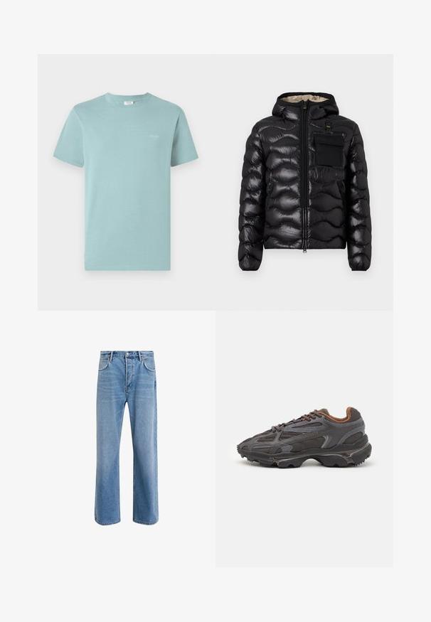 Melna pūka jaka ar kapuci, izšūti dizainu, ar rāvējslēdzēju priekšā un krūšu kabatu. Iezīmējas ar spīdīgu, teksturētu audumu un elastīgām piedurknēm.; Gaiši zils kokvilnas T-krekls ar apaļu kakla izgriezumu un īsām piedurknēm. Uz krūšu daļas ir neliels zīmola logo, kas izdrukāts baltā krāsā. Vienkāršs dizains.; Gai zilas džinsu bikses ar taisnām kājām, piecām kabatām, pogu aizvēršanu, minimālu izbalēšanu un kontrastējošiem šuvju elementiem.; Lacoste kedas tumši pelēkā krāsā ar acu audumu un sintētisko materiālu, ar teksturētu zoli un brūniem akcentiem apkaklītē un zīmola uzrakstā.