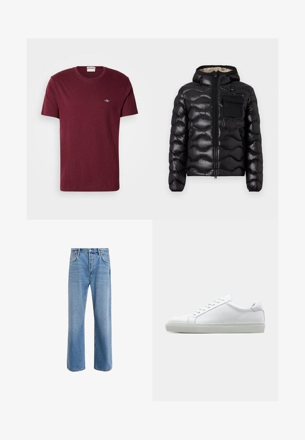 Chaqueta acolchada negra con capucha, diseño acolchado, cierre frontal con cremallera y un bolsillo en el pecho. Presenta una tela brillante y texturizada con puños elásticos.; Camiseta de manga corta en burdeos con cuello redondo y pequeño logo bordado en blanco de GANT en el lado izquierdo del pecho.; Jeans de mezclilla azul claro con un diseño de pierna recta, cinco bolsillos, cierre de botón, ligeramente desgastados y detalles de costura en contraste.; Zapatilla blanca con parte superior de cuero liso y perfil bajo. Presenta una puntera redondeada, seis ojales y una suela de goma texturizada.