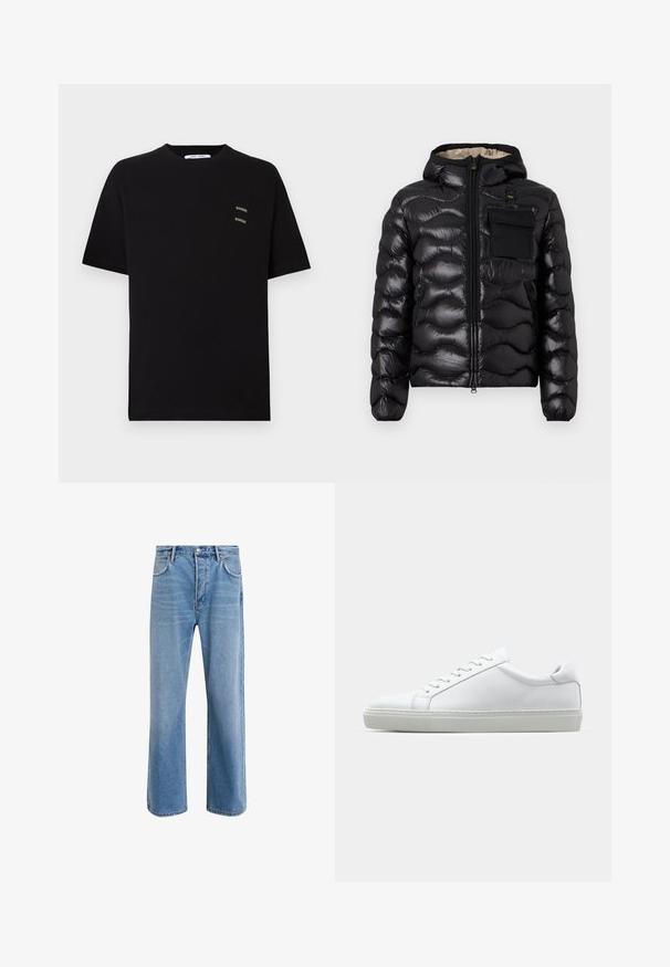 Juodas pūkinis švarkas su kapišonu, su siuvinėtu dizainu, priekiniais užtrauktukais ir krūtine kišenė. Pagamintas iš blizgios, tekstūruotos medžiagos su elastiniais rankogaliais.; Juodas medvilnės marškinėlis trumpomis rankovėmis, apvalia kaklo iškirpėle, su dviem mažomis siuvinėtomis "Samsøe" logotipais kairėje krūtinės pusėje.; Šviesiai mėlyni džinsai su tiesiu kirpimu, penkios kišenės, mygtuko užsegimas, minimalus blukimas ir kontrastingi siuvimo detalės.; Baltas sportinis batelis su lygiu odiniu paviršiumi ir žemu profiliu. Turi suapvalintą pirštą, šešis akių skyrius ir tekstūruotą gumos padą.