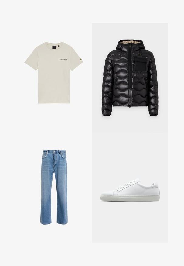 Čierna nadýchaná bunda s kapucňou, prešitou konštrukciou, predným zipsom a vreckom na hrudi. Vlastnosti zahŕňajú lesklú, textúrovanú látku s elastickými manžetami.; Bežové bavlnené tričko s okrúhlym výstrihom, krátkymi rukávmi a malým potlačeným logom "LYLE & SCOTT" na hrudi. Obsahuje vyšívané logo na rukáve.; Svetlo modré denimové džínsy so strihom rovného nohu, päť vreciek, zapínanie na gombík, minimálne vyblednutie a kontrastné švy.; Biele tenisky s hladkým koženým zvrškom a nízkym profilom. Majú zaoblenú špičku, šesť očiek a štruktúrovanú gumovú podrážku.