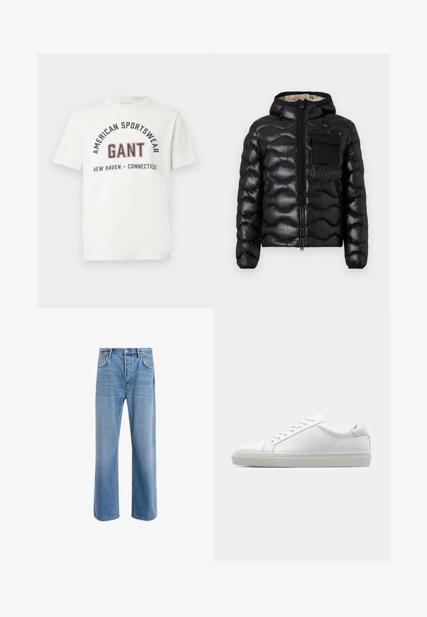 Black puffer jacket with a hood, quilted design, zipper front, and a chest pocket. Features shiny, textured fabric with elastic cuffs.; White short-sleeve T-shirt with "AMERICAN SPORTSWEAR," "GANT," and "NEW HAVEN - CONNECTICUT" printed on the front in black and red letters.; Light blue denim jeans with a straight-leg design, five pockets, button closure, minimal fading, and contrasting stitching details.; White sneaker with a smooth leather upper and a low profile. Features a rounded toe, six eyelets, and a textured rubber sole.