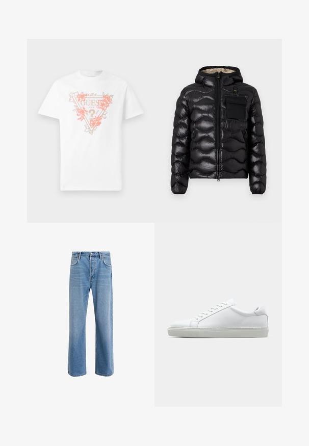 Jachetă puf si neagră cu glugă, design matlasat, fermoar în față și buzunar pe piept. Are un material lucios, texturat, cu manșete elasticizate.; Tricou alb din bumbac, cu un logo triunghiular decorat cu accente florale în corai și auriu. Mâneci scurte și decolteu rotund.; Jeans din denim bleu deschis cu un design drept, cinci buzunare, închidere cu buton, decolorare minimă și detalii de cusătură în contrast.; Adidași albi cu o suprafață din piele netedă și un profil jos. Au un vârf rotunjit, șase orificii pentru șireturi și o talpă din cauciuc texturată.