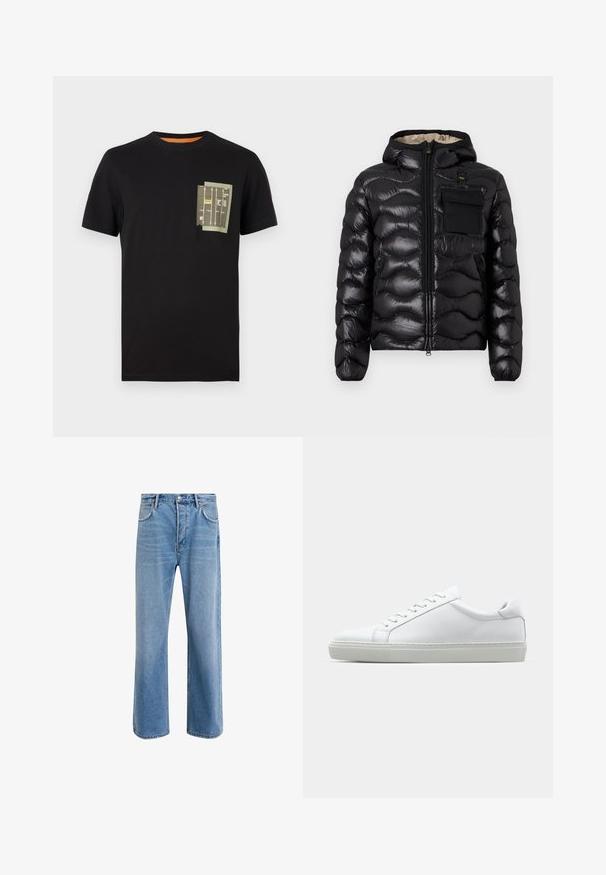 Must jahe kergsügisjope, millel on kapuuts, tikandiga disain, lukuga ees ja rinna tasku. Aksel kanga läikiv ja tekstureeritud, elastsete mansettidega.; Must must t-särk ümarate kaelustega ja lühikeste varrukatega. Selles on roheline tasku, millel on trükitud tekst ja mustrid.; Heledad sinine teksapüksid otse lõikega, viie taskuga, nupuga sulgemine, minimaalne kulumine ja kontrastsed õmbluse detailid.; Valge tennisetoss, millel on sile nahk pealis ja madal profiil. Omab ümarat ninaosa, kuut silmust ja tekstuuriga kummist talda.