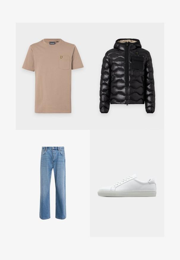 Sort puffjakke med hætte, quilted design, lynlås foran og en brystlomme. Har skinnende, struktureret stof med elastiske manchetter.; Brun kortærmet t-shirt lavet af blødt bomuld, med en brystlomme der har et gult sommerfugle-emblem. Klassisk crew neck-design.; Lyseblå denim jeans med lige ben-design, fem lommer, knaplukning, minimal falming og kontraststingdetaljer.; Hvide sneakers med en glat læderoverdel og lav profil. Har en rund tå, seks snørehuller og en tekstureret gummisål.