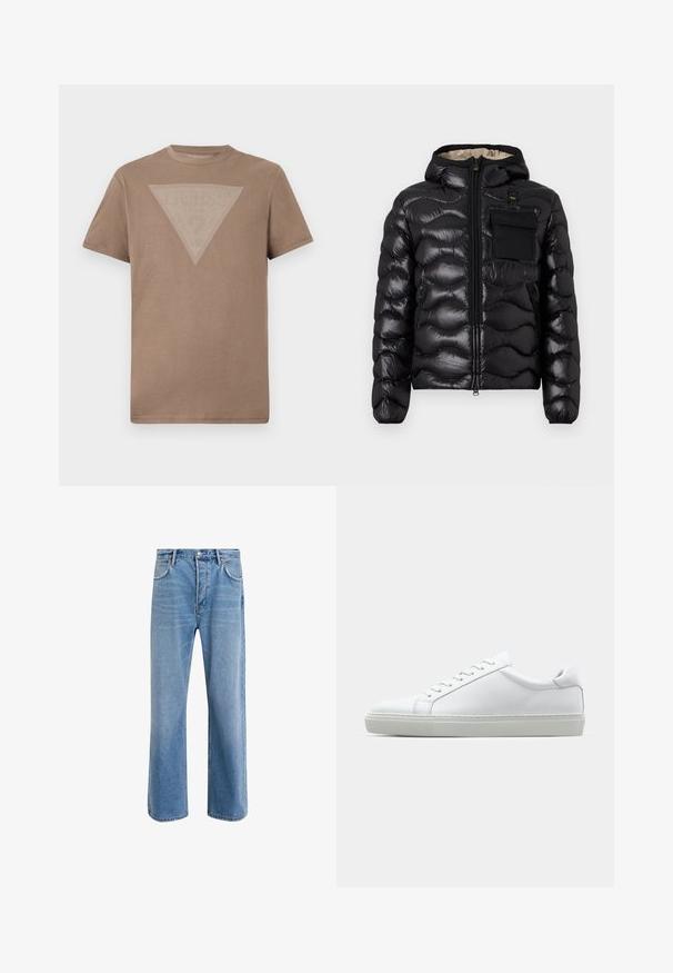 Zwarte pufferjack met capuchon, gewatteerd ontwerp, ritssluiting aan de voorkant en een borstzak. Heeft een glanzende, gestructureerde stof met elastische manchetten.; Effen bruine t-shirt met korte mouwen en een grote omgekeerde driehoekige grafiek van fijne witte verticale lijnen op de borst.; Lichtblauwe denim jeans met een straight-leg ontwerp, vijf zakken, knoopsluiting, minimale vervaging en contrasterende stikseldetails.; Witte sneaker met een gladlederen bovenwerk en een laag profiel. Voorzien van een ronde neus, zes vetergaatjes en een gestructureerde rubberen zool.