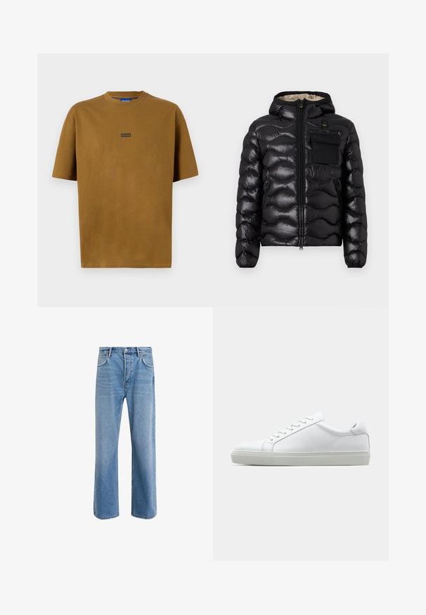 Black puffer jacket with a hood, quilted design, zipper front, and a chest pocket. Features shiny, textured fabric with elastic cuffs.; Brown, short-sleeved, round-neck T-shirt made of cotton. Features a small black logo patch reading "HUGO" on the front.; Light blue denim jeans with a straight-leg design, five pockets, button closure, minimal fading, and contrasting stitching details.; White sneaker with a smooth leather upper and a low profile. Features a rounded toe, six eyelets, and a textured rubber sole.