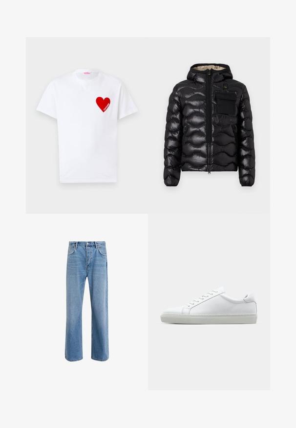 Chaqueta acolchada negra con capucha, diseño acolchado, cierre frontal con cremallera y un bolsillo en el pecho. Presenta una tela brillante y texturizada con puños elásticos.; Camiseta de algodón blanca con mangas cortas, que presenta un gráfico de un corazón rojo en el lado izquierdo del pecho con la palabra "FUTURO" en texto blanco.; Jeans de mezclilla azul claro con un diseño de pierna recta, cinco bolsillos, cierre de botón, ligeramente desgastados y detalles de costura en contraste.; Zapatilla blanca con parte superior de cuero liso y perfil bajo. Presenta una puntera redondeada, seis ojales y una suela de goma texturizada.