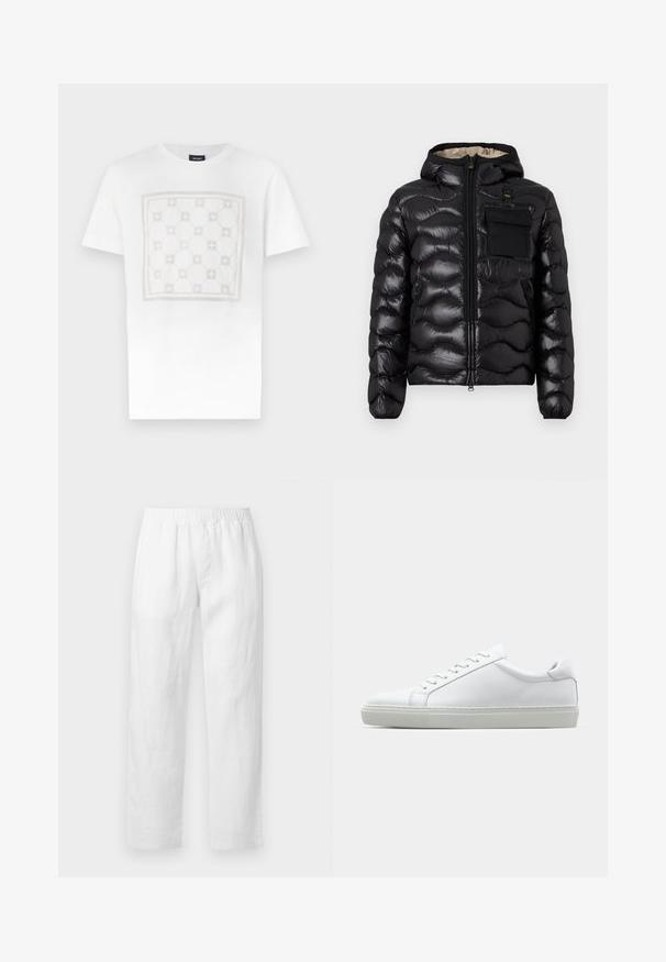 Black puffer jacket with a hood, quilted design, zipper front, and a chest pocket. Features shiny, textured fabric with elastic cuffs.; White cotton T-shirt featuring a large, subtle square pattern in light beige with rounded shapes and accents, finished with a crew neck.; White linen pants featuring an elastic waistband, straight-leg fit, and soft texture with no visible patterns or hardware details.; White sneaker with a smooth leather upper and a low profile. Features a rounded toe, six eyelets, and a textured rubber sole.