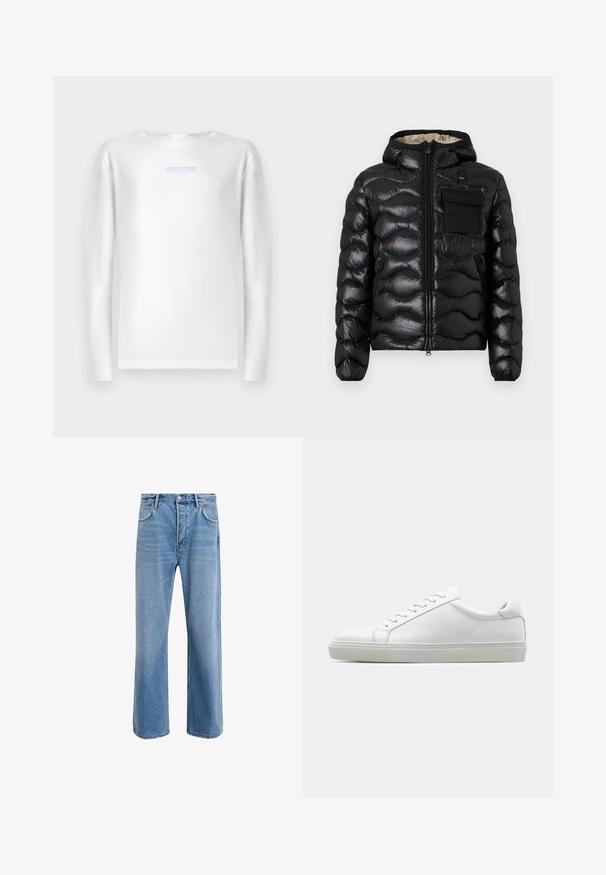 Mustat puffatakki hupulla, tikattu muotoilu, vetoketjukiinnitys edessä ja rintatasku. Ominaisuuksiin kuuluu kiiltävä, teksturoitu kangas ja joustavat hihansuut.; TOM TAILOR DENIM Pitkähihainen paita - white; Vaaleansiniset farkut suoranlahkeisella muotoilulla, viisi taskua, nappisuljenta, vähäinen kuluminen ja kontrastiväriset ompeluyksityiskohdat.; Valkoinen tennari, jossa on sileä nahkapäällinen ja matala profiili. Ominaisuuksiin kuuluu pyöreä kärki, kuusi rei'itystä ja teksturoitu kumipohja.