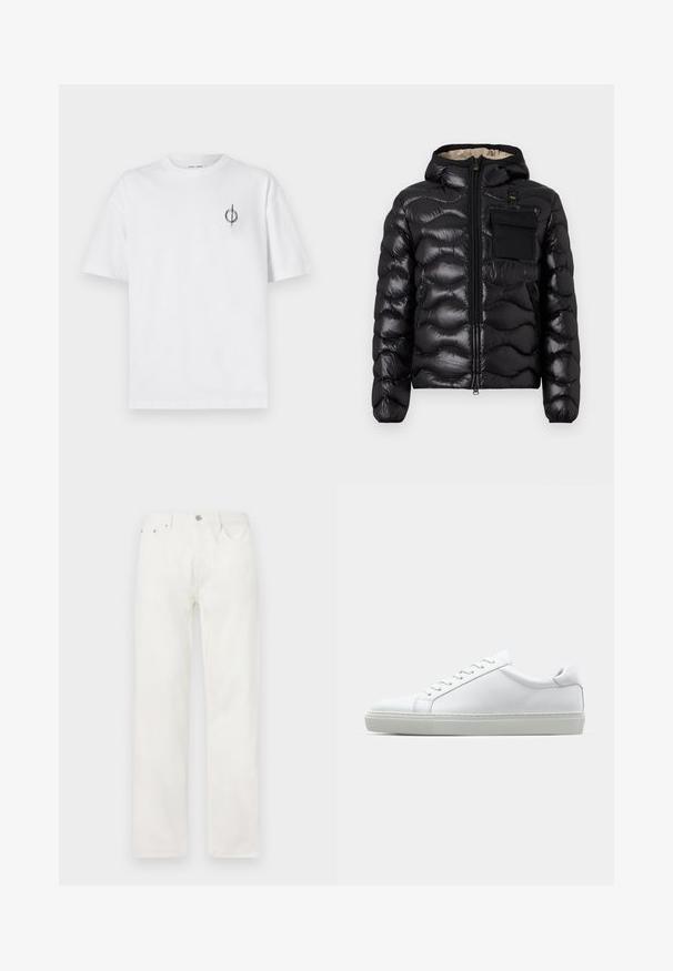 Black puffer jacket with a hood, quilted design, zipper front, and a chest pocket. Features shiny, textured fabric with elastic cuffs.; White cotton t-shirt with a relaxed fit, featuring a small black graphic logo on the left chest area. Short sleeves, crew neck style.; White denim jeans with a straight leg, button and zipper closure, five-pocket design, and no visible patterns or accents.; White sneaker with a smooth leather upper and a low profile. Features a rounded toe, six eyelets, and a textured rubber sole.