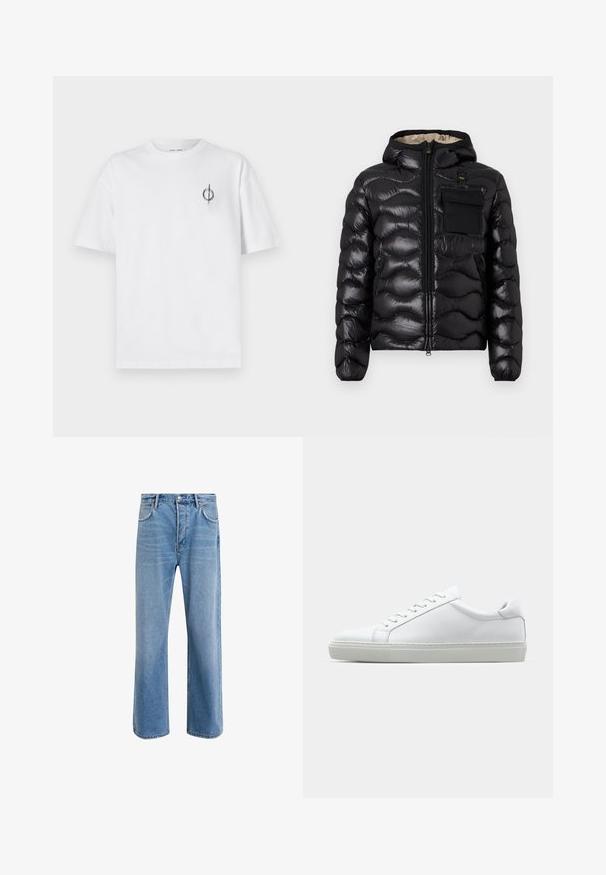 Svart puffjakke med hette, quiltet design, glidelås foran og brystlomme. Har blankt, strukturert stoff med elastiske mansjetter.; Hvit bomull t-skjorte med avslappet passform, med en liten svart grafisk logo på venstre brystområde. Korte ermer, rund hals.; Lys blå denimjeans med rett ben-design, fem lommer, knappeåpning, minimal falming og kontrasterende sømdetaljer.; Hvit sneakers med en glatt skinnoverdel og lav profil. Har en rund tå, seks snøring hull, og en teksturert gummisåle.