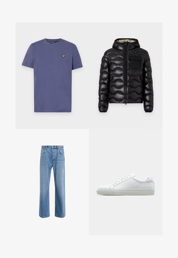 Black puffer jacket with a hood, quilted design, zipper front, and a chest pocket. Features shiny, textured fabric with elastic cuffs.; Light purple cotton t-shirt with short sleeves, crew neckline, and a small yellow embroidered logo on the chest.; Light blue denim jeans with a straight-leg design, five pockets, button closure, minimal fading, and contrasting stitching details.; White sneaker with a smooth leather upper and a low profile. Features a rounded toe, six eyelets, and a textured rubber sole.