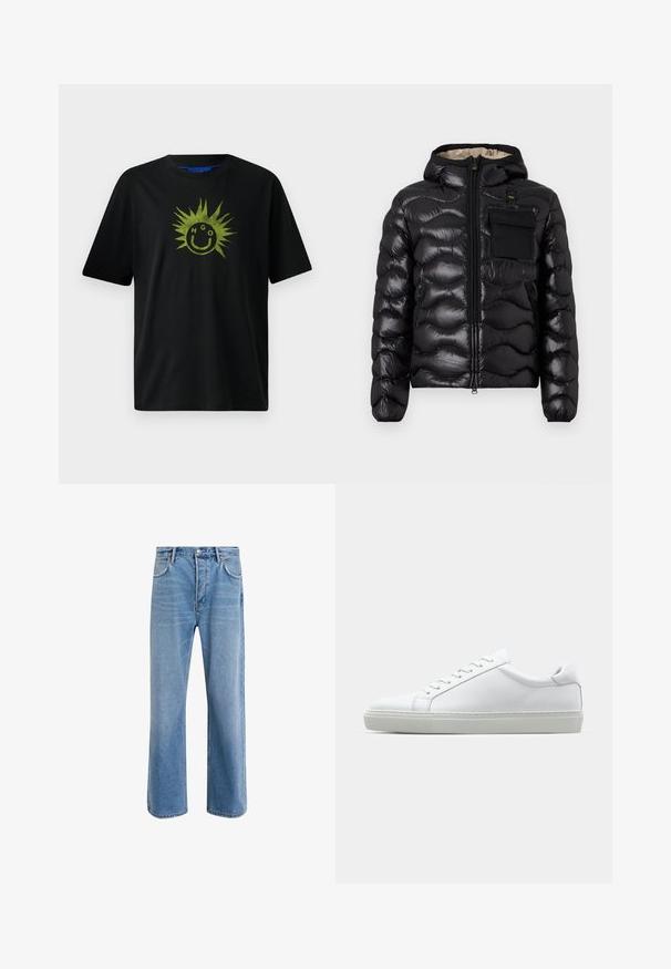 Must jahe kergsügisjope, millel on kapuuts, tikandiga disain, lukuga ees ja rinna tasku. Aksel kanga läikiv ja tekstureeritud, elastsete mansettidega.; Mustardseene T-särk lühikeste varrukatega, millel on roheline päikesekujutis ja naeratav nägu, milles on sisse integreeritud tähted "HGO".; Heledad sinine teksapüksid otse lõikega, viie taskuga, nupuga sulgemine, minimaalne kulumine ja kontrastsed õmbluse detailid.; Valge tennisetoss, millel on sile nahk pealis ja madal profiil. Omab ümarat ninaosa, kuut silmust ja tekstuuriga kummist talda.