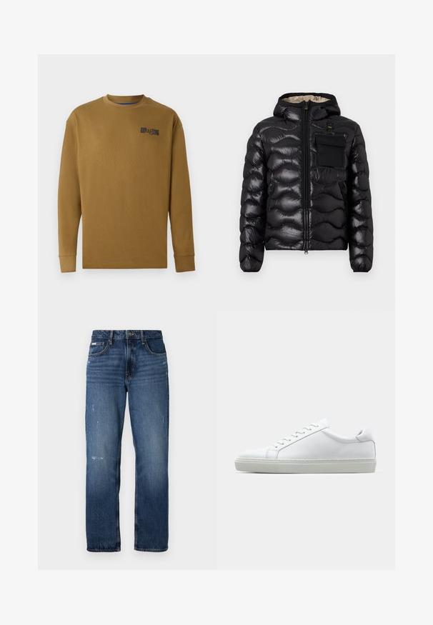 Giacca a vento nera con cappuccio, design trapuntato, chiusura con zip sul davanti e tasca sul petto. Presenta un tessuto lucido e testurizzato con polsini elasticizzati.; T-shirt a maniche lunghe, collo a giro in cotone marrone. Presenta un logo nero sul lato sinistro del petto e polsini a costine. Texture liscia, vestibilità regolare.; Jeans di denim blu con un design a gamba dritta. Presentano zone sbiadite e leggeri segni di usura sulla parte anteriore, con una chiusura classica a bottone.; Sneaker bianco con tomaia in pelle liscia e profilo basso. Presenta una punta arrotondata, sei occhielli e una suola in gomma testurizzata.