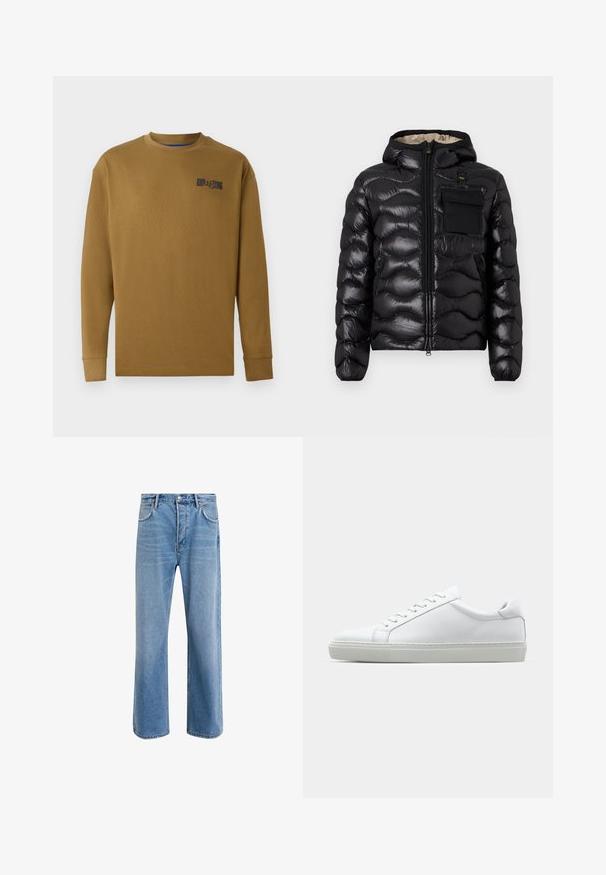 Zwarte pufferjack met capuchon, gewatteerd ontwerp, ritssluiting aan de voorkant en een borstzak. Heeft een glanzende, gestructureerde stof met elastische manchetten.; Langemouw t-shirt met ronde hals van bruin katoen. Heeft een zwart logo op de linkerborst en geribde boorden. Soepele textuur, normale pasvorm.; Lichtblauwe denim jeans met een straight-leg ontwerp, vijf zakken, knoopsluiting, minimale vervaging en contrasterende stikseldetails.; Witte sneaker met een gladlederen bovenwerk en een laag profiel. Voorzien van een ronde neus, zes vetergaatjes en een gestructureerde rubberen zool.