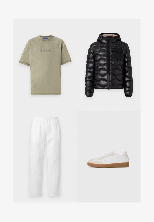 Black puffer jacket with a hood, quilted design, zipper front, and a chest pocket. Features shiny, textured fabric with elastic cuffs.; Olive green cotton t-shirt with short sleeves, round neck, and embossed "HUGO" logo on the front. Subtle texture and clean lines.; White linen pants featuring an elastic waistband, straight-leg fit, and soft texture with no visible patterns or hardware details.; White and beige sneaker with suede and leather elements. Features a rubber sole, lace-up design, and minimalist side stripes.