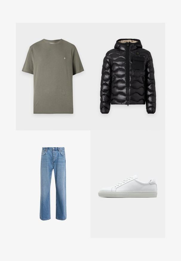 Chaqueta acolchada negra con capucha, diseño acolchado, cierre frontal con cremallera y un bolsillo en el pecho. Presenta una tela brillante y texturizada con puños elásticos.; Camiseta de algodón verde oliva con cuello redondo, mangas cortas y un pequeño logo blanco en el pecho. Diseño simple y sin adornos.; Jeans de mezclilla azul claro con un diseño de pierna recta, cinco bolsillos, cierre de botón, ligeramente desgastados y detalles de costura en contraste.; Zapatilla blanca con parte superior de cuero liso y perfil bajo. Presenta una puntera redondeada, seis ojales y una suela de goma texturizada.