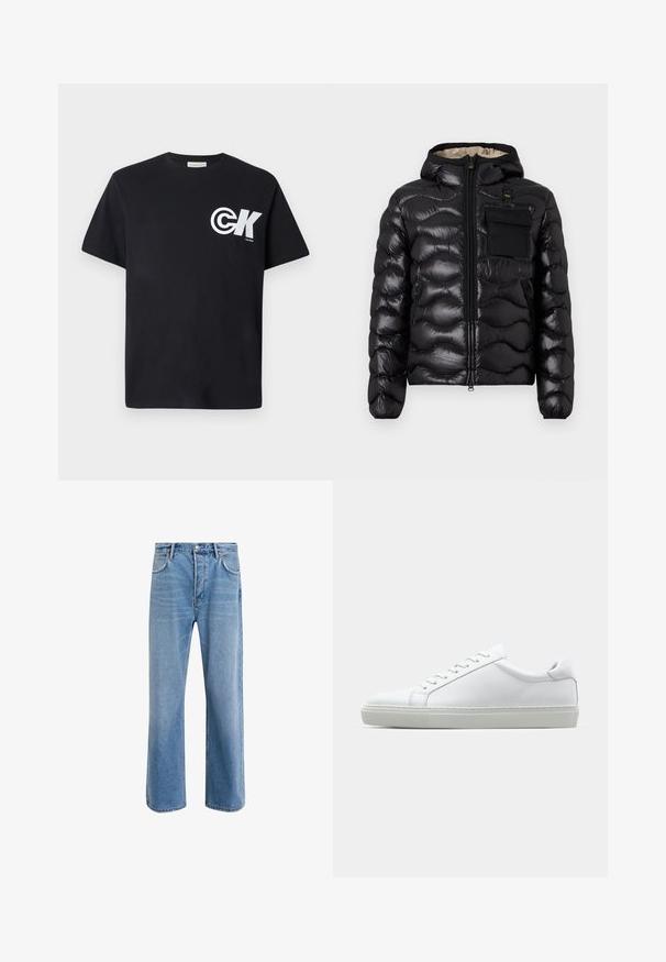 Black puffer jacket with a hood, quilted design, zipper front, and a chest pocket. Features shiny, textured fabric with elastic cuffs.; Black cotton T-shirt with short sleeves, featuring a large white logo on the left chest area and a round crew neckline.; Light blue denim jeans with a straight-leg design, five pockets, button closure, minimal fading, and contrasting stitching details.; White sneaker with a smooth leather upper and a low profile. Features a rounded toe, six eyelets, and a textured rubber sole.