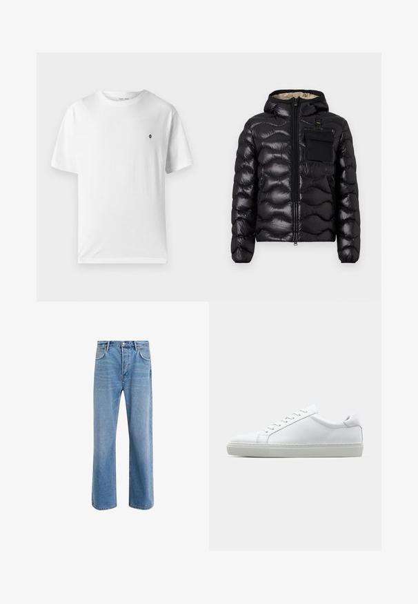 Giacca a vento nera con cappuccio, design trapuntato, chiusura con zip sul davanti e tasca sul petto. Presenta un tessuto lucido e testurizzato con polsini elasticizzati.; T-shirt bianca in cotone con colletto rotondo, maniche corte e un piccolo logo nero sul petto. Texture morbida, vestibilità casual.; Jeans in denim blu chiaro con design a gamba dritta, cinque tasche, chiusura con bottone, leggero sbiadimento e dettagli di cucitura a contrasto.; Sneaker bianco con tomaia in pelle liscia e profilo basso. Presenta una punta arrotondata, sei occhielli e una suola in gomma testurizzata.