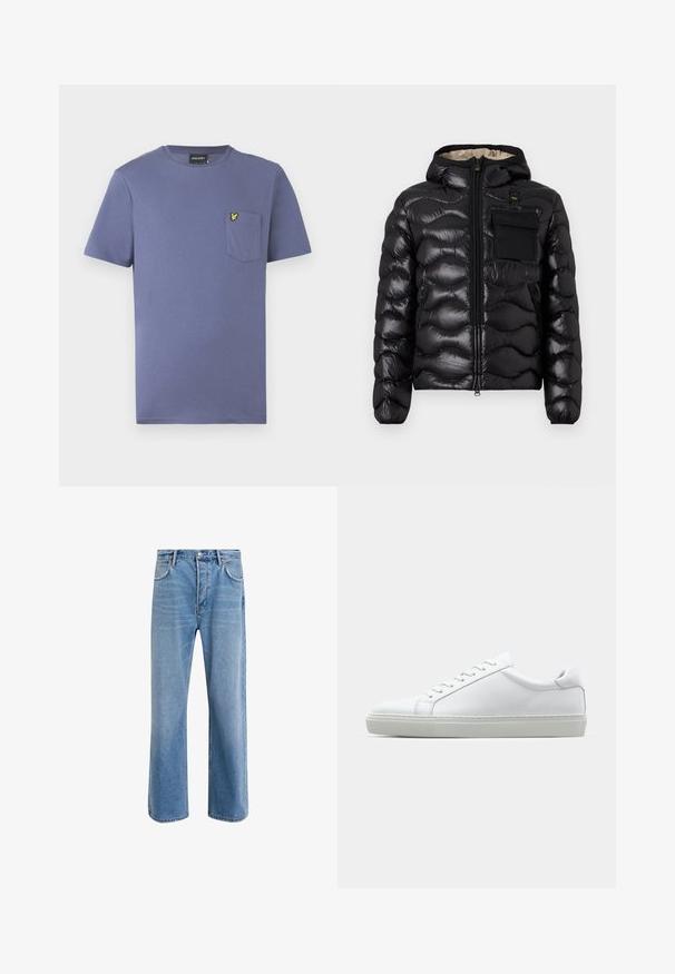 Giacca a vento nera con cappuccio, design trapuntato, chiusura con zip sul davanti e tasca sul petto. Presenta un tessuto lucido e testurizzato con polsini elasticizzati.; T-shirt di cotone viola con maniche corte, scollo rotondo e una tasca sul petto con un logo ricamato giallo.; Jeans in denim blu chiaro con design a gamba dritta, cinque tasche, chiusura con bottone, leggero sbiadimento e dettagli di cucitura a contrasto.; Sneaker bianco con tomaia in pelle liscia e profilo basso. Presenta una punta arrotondata, sei occhielli e una suola in gomma testurizzata.