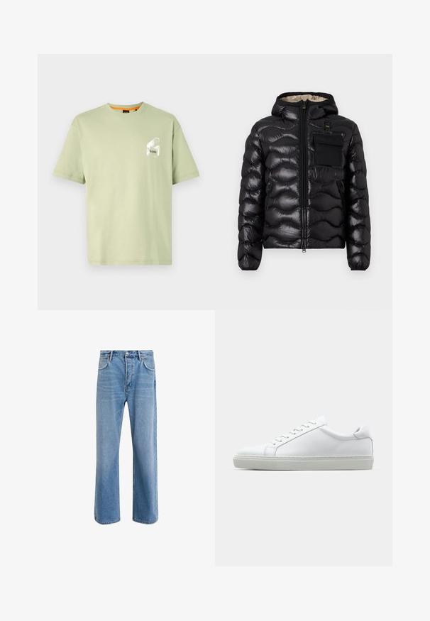 Melna pūka jaka ar kapuci, izšūti dizainu, ar rāvējslēdzēju priekšā un krūšu kabatu. Iezīmējas ar spīdīgu, teksturētu audumu un elastīgām piedurknēm.; Gaiši zaļš kokvilnas T-krekls ar apaļu kaklu, īsām piedurknēm un baltu logo, kas drukāts uz krūškurvja kabatas. Gluda tekstūra un brīvs piegriezums.; Gai zilas džinsu bikses ar taisnām kājām, piecām kabatām, pogu aizvēršanu, minimālu izbalēšanu un kontrastējošiem šuvju elementiem.; Baltie sporta apavi ar gludu ādas virsu un zemu profilu. Iezīmējas ar noapaļotu purngalu, sešām acīm un teksturētu gumijas zoli.