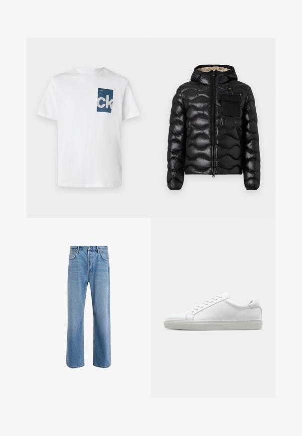 Juodas pūkinis švarkas su kapišonu, su siuvinėtu dizainu, priekiniais užtrauktukais ir krūtine kišenė. Pagamintas iš blizgios, tekstūruotos medžiagos su elastiniais rankogaliais.; Balta medvilninė marškinė su mėlynu stačiakampiu kišeniu, ant kurio yra baltas "ck" logotipas ir tekstiniai užrašai. Trumpomis rankovėmis, apvalia iškirpte, klasikiniu siluetu.; Šviesiai mėlyni džinsai su tiesiu kirpimu, penkios kišenės, mygtuko užsegimas, minimalus blukimas ir kontrastingi siuvimo detalės.; Baltas sportinis batelis su lygiu odiniu paviršiumi ir žemu profiliu. Turi suapvalintą pirštą, šešis akių skyrius ir tekstūruotą gumos padą.