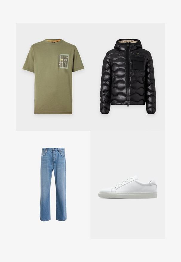 Černá prošívaná bunda s kapucí, zipem vpředu a náprsní kapsou. Obsahuje lesklou, strukturovanou látku s elastickými manžetami.; Olivově zelené bavlněné tričko s kulatým výstřihem a krátkými rukávy. Obsahuje kapsu s grafickým potiskem v černé, žluté a bílé barvě.; Světle modré džínové kalhoty s rovnými nohavicemi, pěti kapsami, zapínáním na knoflík, minimálním vyblednutím a kontrastním prošitím.; Bílé tenisky s hladkým koženým svrškem a nízkým profilem. Mají zaoblenou špičku, šest nýtů a texturovanou gumovou podrážku.