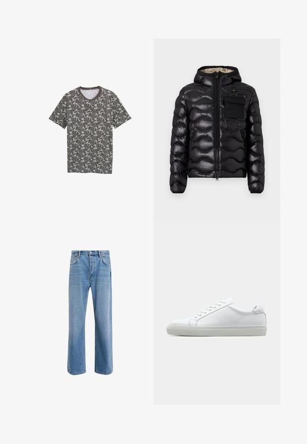 Czarna kurtka puchowa z kapturem, pikowany wzór, zamek z przodu i kieszeń na piersi. Posiada błyszczący, teksturowany materiał oraz elastyczne mankiety.; Koszulka z krótkim rękawem w serek, wykonana z materiału z ciemnoszarym wzorem kwiatowym na jasnoszarym tle.; Jasnoniebieskie dżinsy o prostym kroju, pięć kieszeni, zapięcie na guzik, minimalne blaknięcia i kontrastowe wykończenia szwów.; Białe sneakersy z gładką skórzaną cholewką i niskim profilem. Posiadają okrągły nos, sześć dziurek na sznurówki oraz teksturowaną gumową podeszwę.
