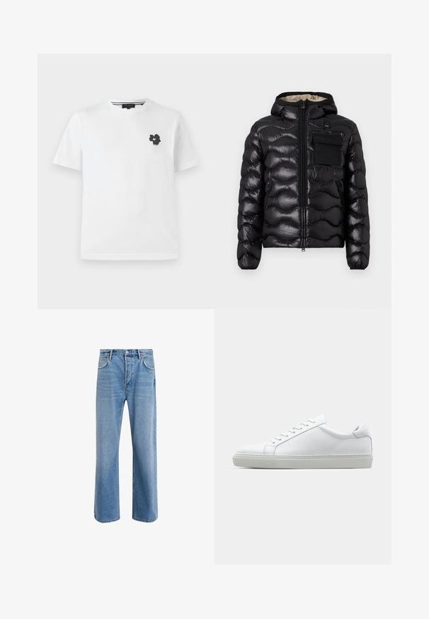 Chaqueta acolchada negra con capucha, diseño acolchado, cierre frontal con cremallera y un bolsillo en el pecho. Presenta una tela brillante y texturizada con puños elásticos.; Camiseta de algodón blanca con cuello en V, que presenta un pequeño gráfico floral negro en la parte izquierda del pecho. Mangas cortas con un corte relajado.; Jeans de mezclilla azul claro con un diseño de pierna recta, cinco bolsillos, cierre de botón, ligeramente desgastados y detalles de costura en contraste.; Zapatilla blanca con parte superior de cuero liso y perfil bajo. Presenta una puntera redondeada, seis ojales y una suela de goma texturizada.