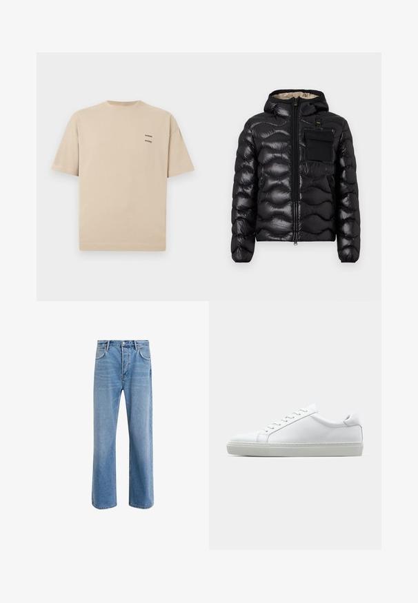 Sort puffjakke med hætte, quilted design, lynlås foran og en brystlomme. Har skinnende, struktureret stof med elastiske manchetter.; Beige bomulds t-shirt med rund halsudskæring og korte ærmer. Har et lille tekstlogo på øverste venstre side. Simpel, uprydet design.; Lyseblå denim jeans med lige ben-design, fem lommer, knaplukning, minimal falming og kontraststingdetaljer.; Hvide sneakers med en glat læderoverdel og lav profil. Har en rund tå, seks snørehuller og en tekstureret gummisål.