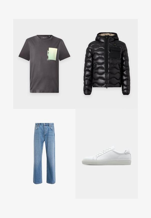 Mustat puffatakki hupulla, tikattu muotoilu, vetoketjukiinnitys edessä ja rintatasku. Ominaisuuksiin kuuluu kiiltävä, teksturoitu kangas ja joustavat hihansuut.; Harmaa puuvillapaita, jossa on pyöreä kaula-aukko ja minimalistiinen vihreä ja sininen graafinen printti vasemmassa rintataskussa. Lyhyet hihat.; Vaaleansiniset farkut suoranlahkeisella muotoilulla, viisi taskua, nappisuljenta, vähäinen kuluminen ja kontrastiväriset ompeluyksityiskohdat.; Valkoinen tennari, jossa on sileä nahkapäällinen ja matala profiili. Ominaisuuksiin kuuluu pyöreä kärki, kuusi rei'itystä ja teksturoitu kumipohja.