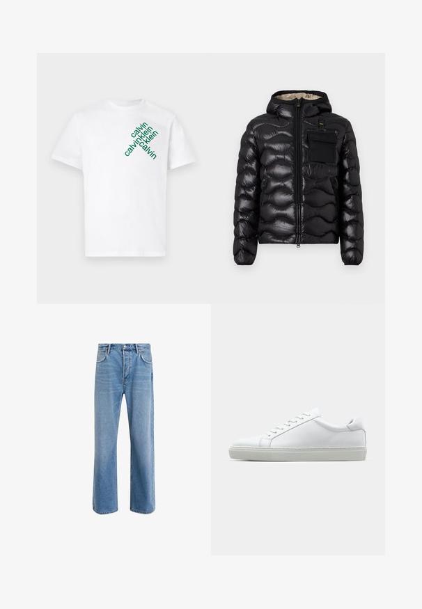Černá prošívaná bunda s kapucí, zipem vpředu a náprsní kapsou. Obsahuje lesklou, strukturovanou látku s elastickými manžetami.; Bílý bavlněný tričko s zeleným diagonálním textem "calvin klein" v různých velikostech na přední straně. Krátké rukávy a design s kulatým výstřihem.; Světle modré džínové kalhoty s rovnými nohavicemi, pěti kapsami, zapínáním na knoflík, minimálním vyblednutím a kontrastním prošitím.; Bílé tenisky s hladkým koženým svrškem a nízkým profilem. Mají zaoblenou špičku, šest nýtů a texturovanou gumovou podrážku.