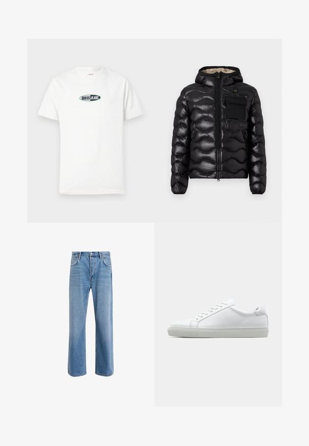 Chaqueta acolchada negra con capucha, diseño acolchado, cierre frontal con cremallera y un bolsillo en el pecho. Presenta una tela brillante y texturizada con puños elásticos.; Camiseta blanca de algodón con manga corta y cuello redondo. Presenta un logo bordado en el centro que dice "GUESS JEANS".; Jeans de mezclilla azul claro con un diseño de pierna recta, cinco bolsillos, cierre de botón, ligeramente desgastados y detalles de costura en contraste.; Zapatilla blanca con parte superior de cuero liso y perfil bajo. Presenta una puntera redondeada, seis ojales y una suela de goma texturizada.