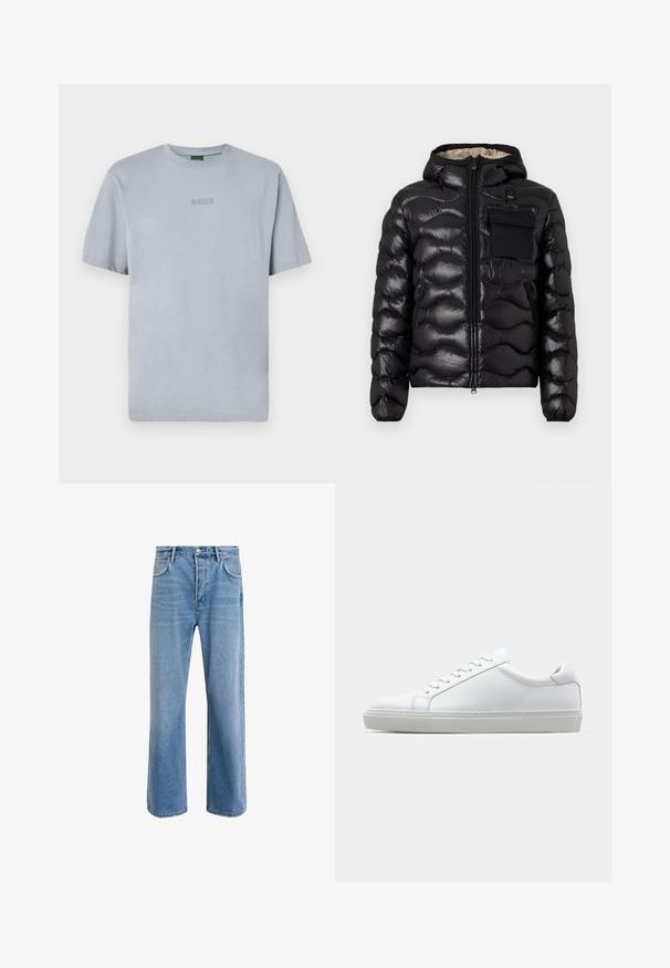 Melna pūka jaka ar kapuci, izšūti dizainu, ar rāvējslēdzēju priekšā un krūšu kabatu. Iezīmējas ar spīdīgu, teksturētu audumu un elastīgām piedurknēm.; Gaiši zils, īsām piedurknēm T-krekls, izgatavots no mīkstas auduma ar apaļu kakla izgriezumu. Uz krūtīm ir izšūts "BOSS" logo.; Gai zilas džinsu bikses ar taisnām kājām, piecām kabatām, pogu aizvēršanu, minimālu izbalēšanu un kontrastējošiem šuvju elementiem.; Baltie sporta apavi ar gludu ādas virsu un zemu profilu. Iezīmējas ar noapaļotu purngalu, sešām acīm un teksturētu gumijas zoli.