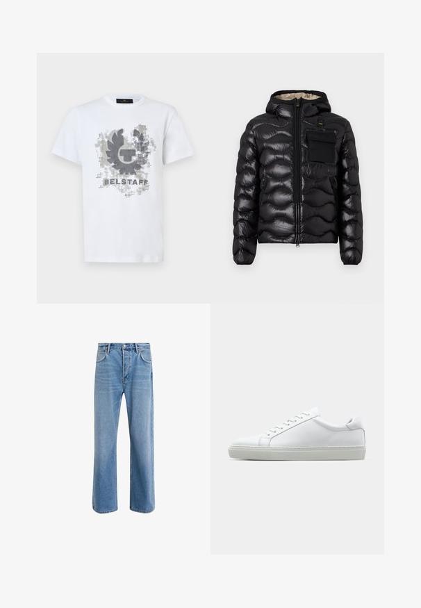 Melna pūka jaka ar kapuci, izšūti dizainu, ar rāvējslēdzēju priekšā un krūšu kabatu. Iezīmējas ar spīdīgu, teksturētu audumu un elastīgām piedurknēm.; Balts īsās piedurknes krekls ar pikseļotu melnu un pelēku lauvas vainagu un "BELSTAFF" uzrakstu grafiku priekšā.; Gai zilas džinsu bikses ar taisnām kājām, piecām kabatām, pogu aizvēršanu, minimālu izbalēšanu un kontrastējošiem šuvju elementiem.; Baltie sporta apavi ar gludu ādas virsu un zemu profilu. Iezīmējas ar noapaļotu purngalu, sešām acīm un teksturētu gumijas zoli.