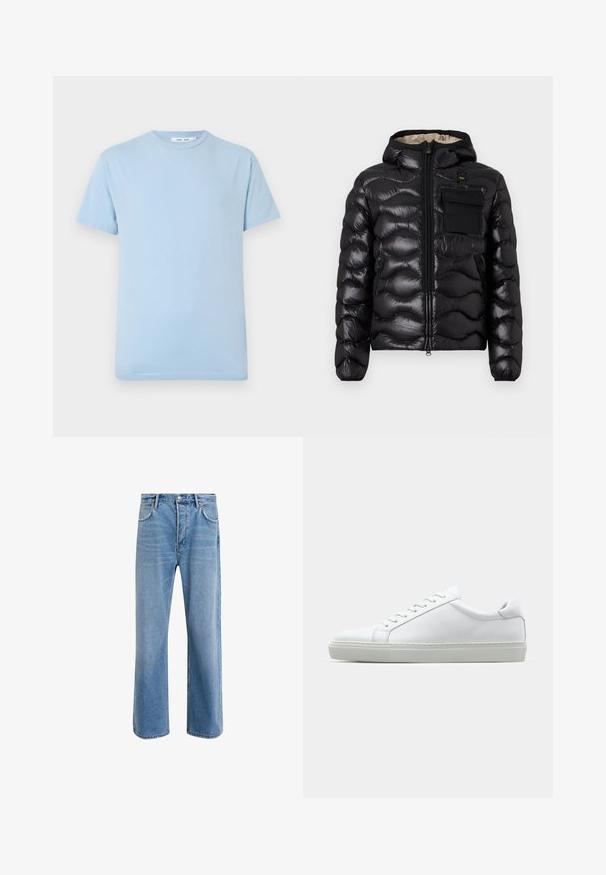 Černá prošívaná bunda s kapucí, zipem vpředu a náprsní kapsou. Obsahuje lesklou, strukturovanou látku s elastickými manžetami.; Světle modré tričko s krátkým rukávem vyrobené z měkké bavlny. Klasický kulatý výstřih s hladkou texturou a bez viditelných vzorů nebo akcentů.; Světle modré džínové kalhoty s rovnými nohavicemi, pěti kapsami, zapínáním na knoflík, minimálním vyblednutím a kontrastním prošitím.; Bílé tenisky s hladkým koženým svrškem a nízkým profilem. Mají zaoblenou špičku, šest nýtů a texturovanou gumovou podrážku.