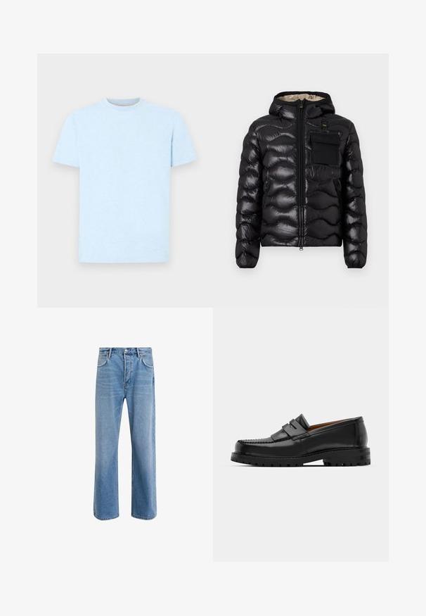Melna pūka jaka ar kapuci, izšūti dizainu, ar rāvējslēdzēju priekšā un krūšu kabatu. Iezīmējas ar spīdīgu, teksturētu audumu un elastīgām piedurknēm.; Gaiši zila kokvilnas T-krekla ar īsām piedurknēm un apaļu kakla izgriezumu. Audumam ir viegla tekstūra, bez redzamām rakstām vai grafikām.; Gai zilas džinsu bikses ar taisnām kājām, piecām kabatām, pogu aizvēršanu, minimālu izbalēšanu un kontrastējošiem šuvju elementiem.; Melni ādas loafers cepumi izceļas ar paceltu šuvu, divām dekoratīvām siksnām augšpusē un biezu teksturētu zoli labākai saķerei.
