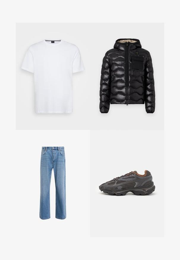 Fekete puffdzseki kapucnival, steppelt mintával, cipzáras elülső résszel és mellzsebbel. Fényes, struktúrált anyagból készült, rugalmas mandzsettákkal.; Fehér pamut póló, kerek nyakkivágással és rövid ujjal. A nyakon egy diszkrét márkás címke található. Sima textúra, klasszikus szabás.; Világoskék farmernadrág, egyenes szárú fazonnal, öt zsebbel, gombos záródással, minimális kopással és kontrasztos varrással.; Sötét szürke Lacoste sportcipők hálós és szintetikus anyagból, textúrázott talppal és barna díszítésekkel a nyak részen és a logón.