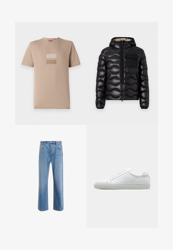 Juodas pūkinis švarkas su kapišonu, su siuvinėtu dizainu, priekiniais užtrauktukais ir krūtine kišenė. Pagamintas iš blizgios, tekstūruotos medžiagos su elastiniais rankogaliais.; Šviesiai rudas kūno spalvos medvilninis marškinėliai, su kvadrato logotipu balta ir šviesiai ruda spalvomis. Trumpomis rankovėmis, apvalia iškirpte, standartinio kirpimo.; Šviesiai mėlyni džinsai su tiesiu kirpimu, penkios kišenės, mygtuko užsegimas, minimalus blukimas ir kontrastingi siuvimo detalės.; Baltas sportinis batelis su lygiu odiniu paviršiumi ir žemu profiliu. Turi suapvalintą pirštą, šešis akių skyrius ir tekstūruotą gumos padą.