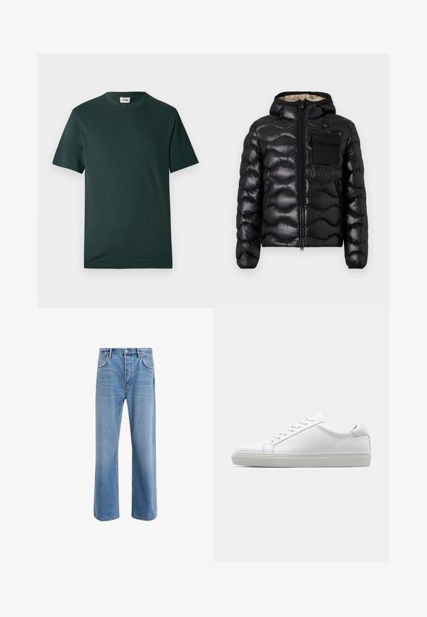 Svart puffjakke med hette, quiltet design, glidelås foran og brystlomme. Har blankt, strukturert stoff med elastiske mansjetter.; Mørkegrønn kortermet T-skjorte laget av glatt bomull, med rund hals og en avslappet passform, uten synlige mønstre eller dekorasjoner.; Lys blå denimjeans med rett ben-design, fem lommer, knappeåpning, minimal falming og kontrasterende sømdetaljer.; Hvit sneakers med en glatt skinnoverdel og lav profil. Har en rund tå, seks snøring hull, og en teksturert gummisåle.