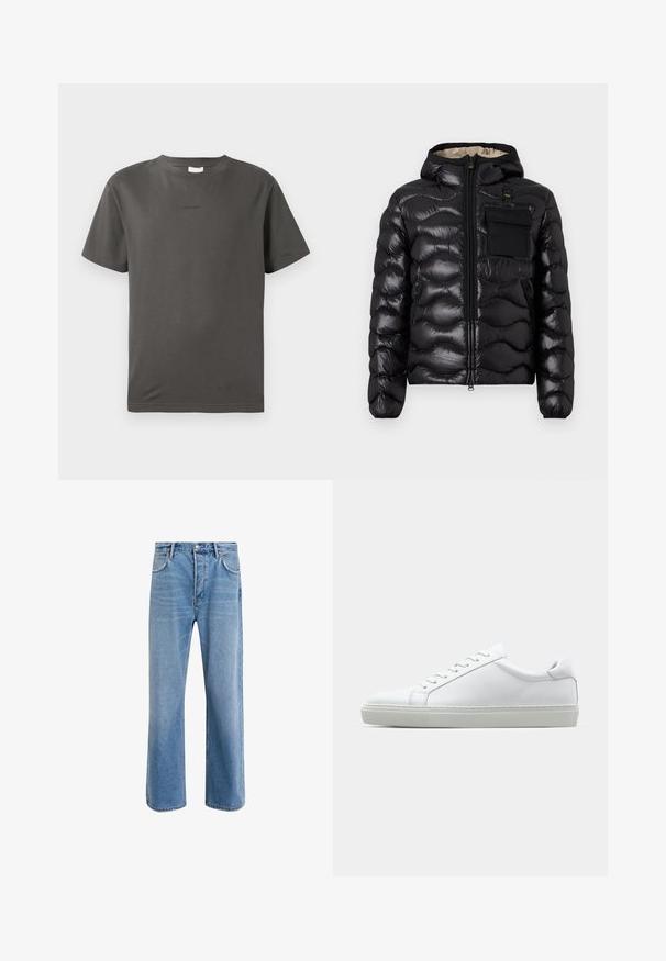 Fekete puffdzseki kapucnival, steppelt mintával, cipzáras elülső résszel és mellzsebbel. Fényes, struktúrált anyagból készült, rugalmas mandzsettákkal.; Szürke pamut póló kerek nyakkal és rövid ujjakkal. Elöl egy kis, diszkrét logóval rendelkezik. Sima textúrájú és klasszikus szabású.; Világoskék farmernadrág, egyenes szárú fazonnal, öt zsebbel, gombos záródással, minimális kopással és kontrasztos varrással.; Fehér sportcipő sima bőr felső résszel és alacsony profilsal. Kerek orr, hat fűzőlyuk és barázdált gumitalp jellemzi.