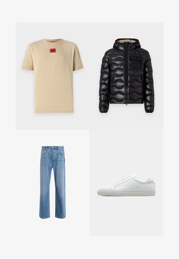 Melna pūka jaka ar kapuci, izšūti dizainu, ar rāvējslēdzēju priekšā un krūšu kabatu. Iezīmējas ar spīdīgu, teksturētu audumu un elastīgām piedurknēm.; Beige kokvilnas T-krekls ar brīvu piegriezumu, iešūta maza sarkana "HUGO" logo uzlīme centrā un klasika apaļa kakla izgriezums.; Gai zilas džinsu bikses ar taisnām kājām, piecām kabatām, pogu aizvēršanu, minimālu izbalēšanu un kontrastējošiem šuvju elementiem.; Baltie sporta apavi ar gludu ādas virsu un zemu profilu. Iezīmējas ar noapaļotu purngalu, sešām acīm un teksturētu gumijas zoli.